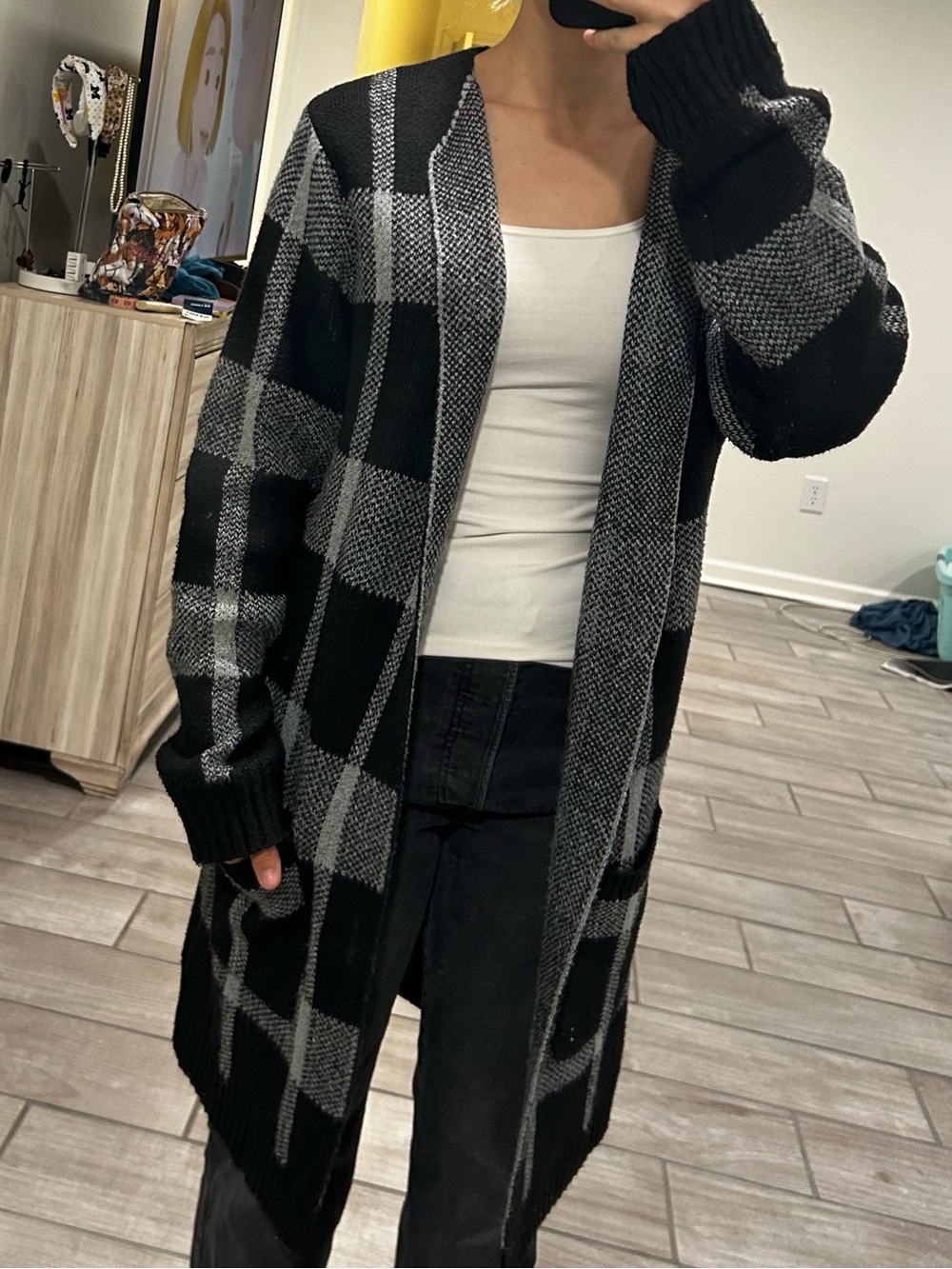 Pink Lily Long Open-Front Black & Gray Plaid Cardigan Sweater